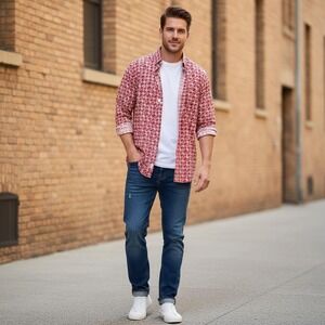 Lucky‎ Brand Dungarees Button Down Shirt Peace Dove Print Red Mens Medium